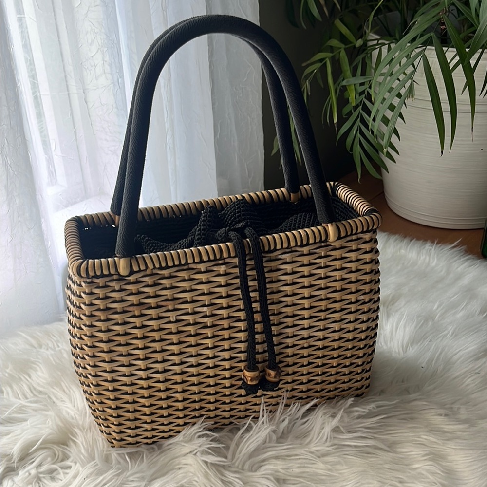 Elegant Tan and Black Woven Tote Bag